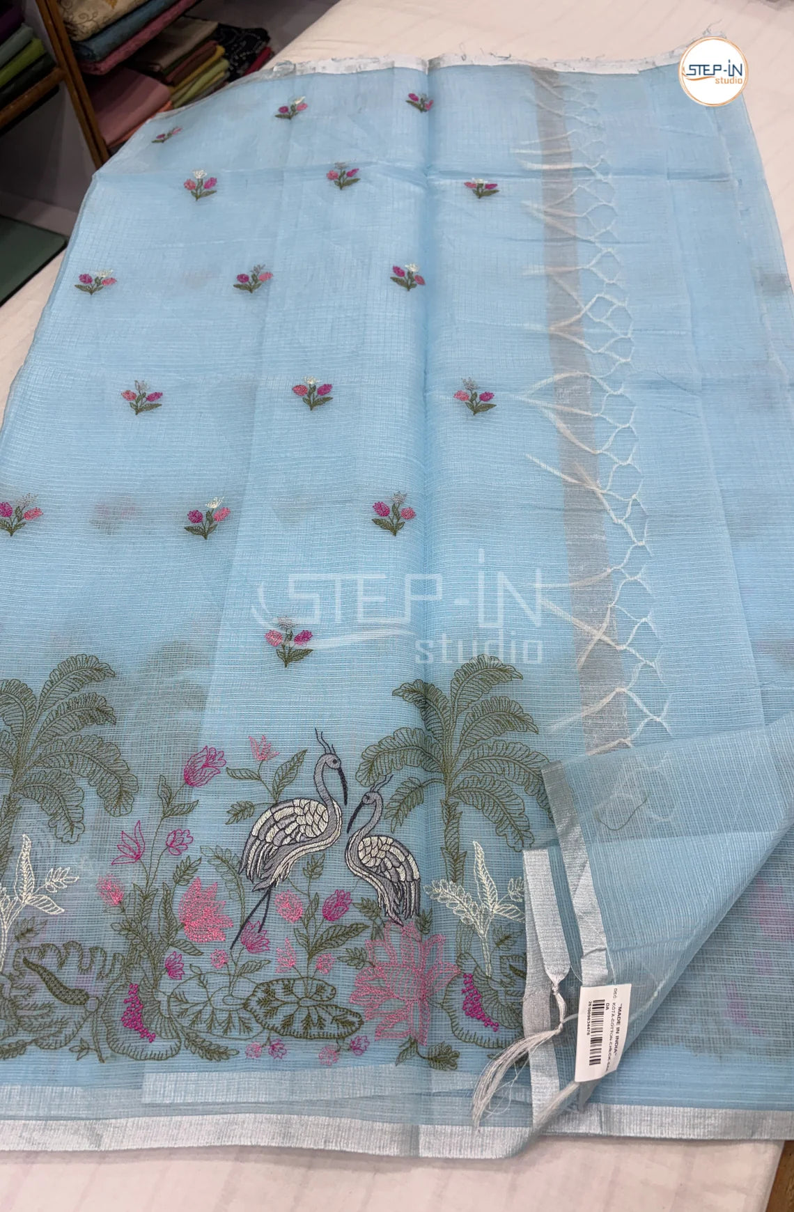 Art Linen Tissue Saree with Embroidery - Sky Blue