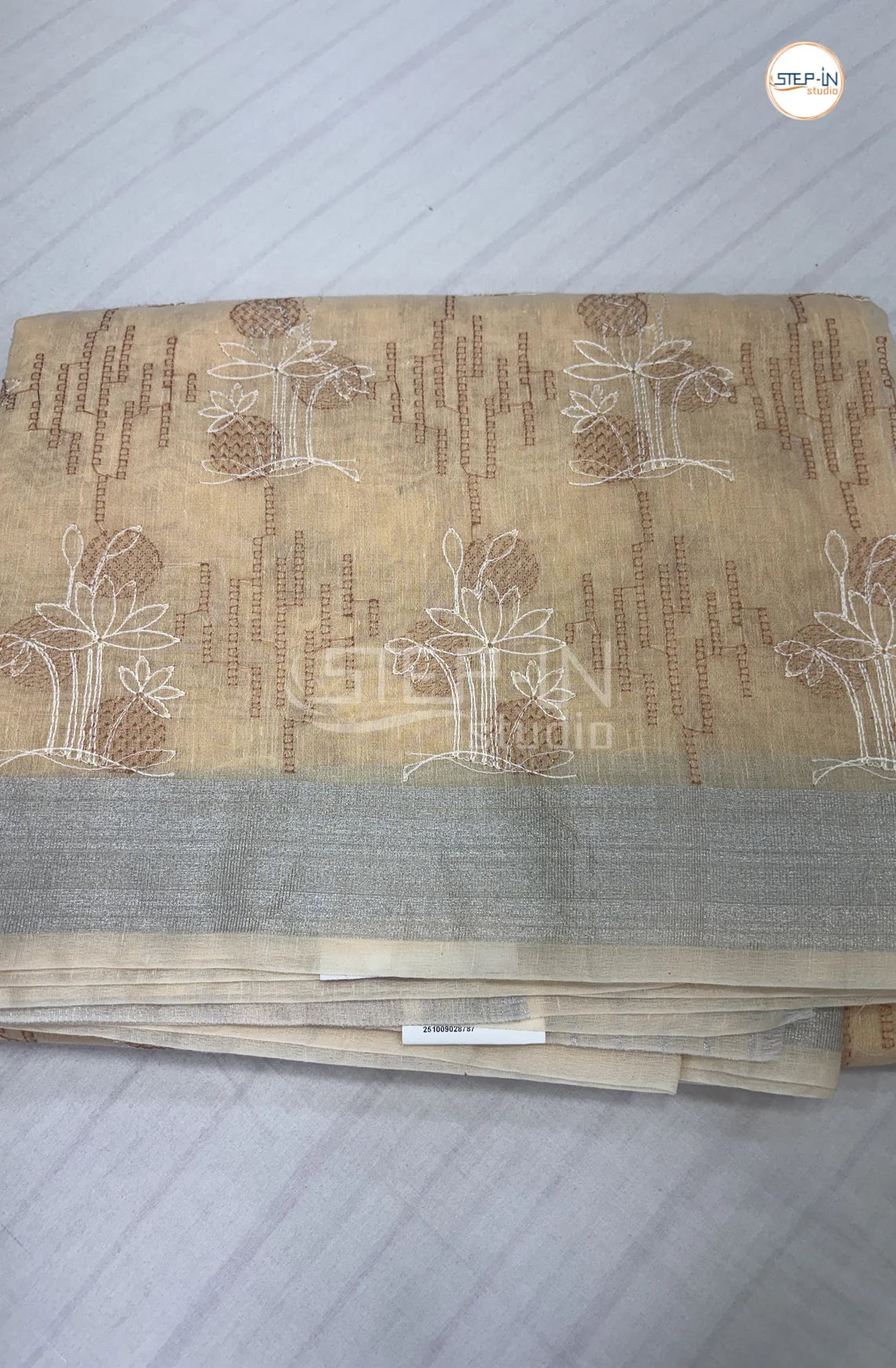 Art Linen Tissue Saree with Embroidery -Yellow