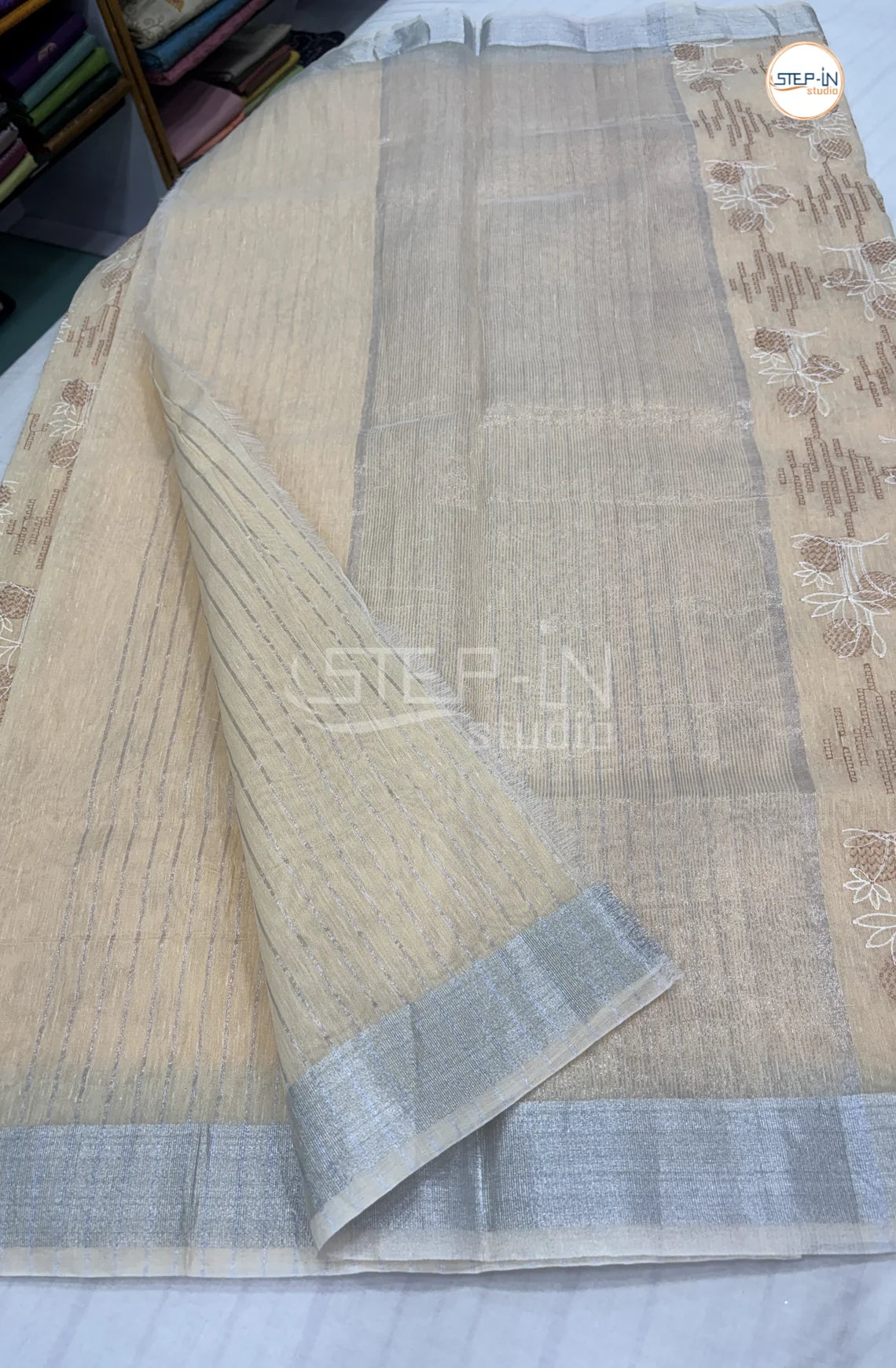 Art Linen Tissue Saree with Embroidery -Yellow