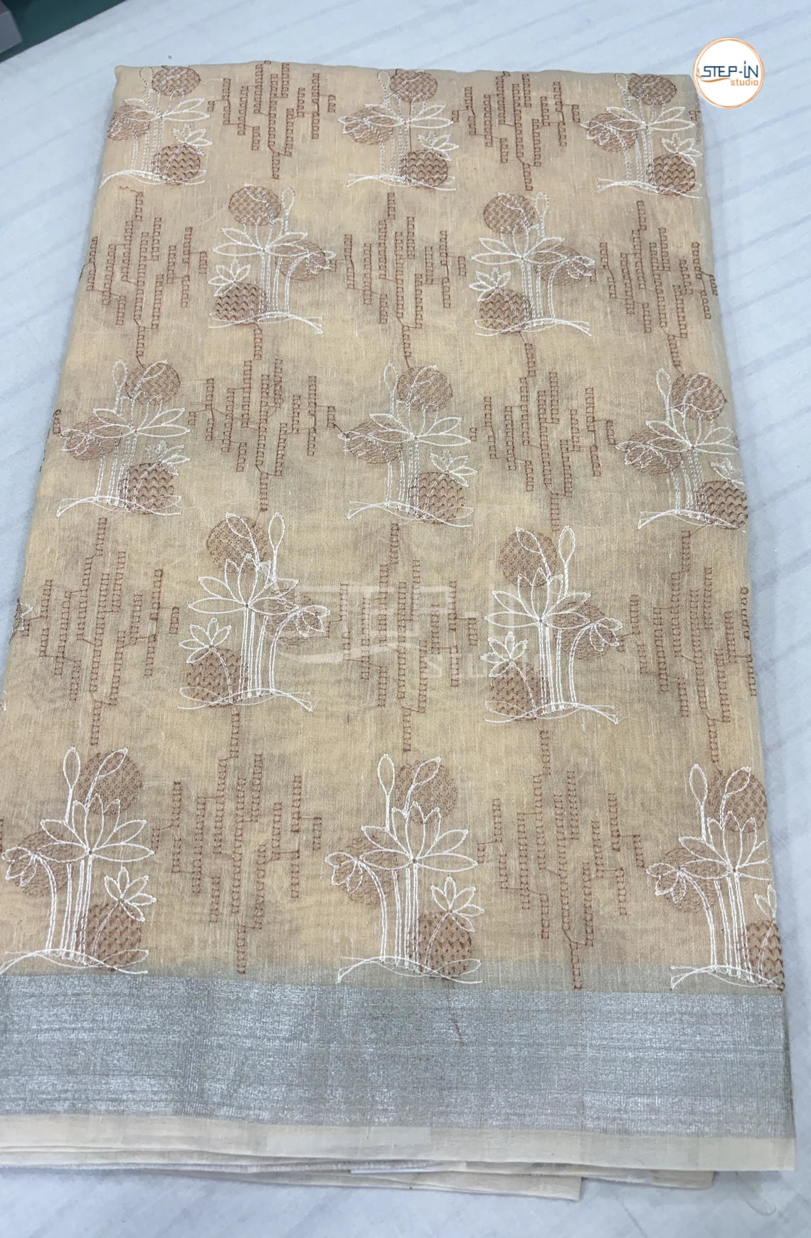 Art Linen Tissue Saree with Embroidery -Yellow
