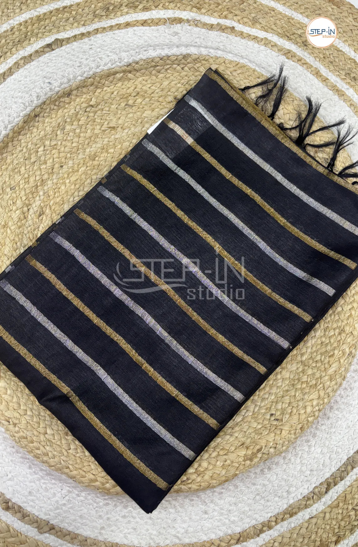 Art Silk Saree With Vertical Lines-Black
