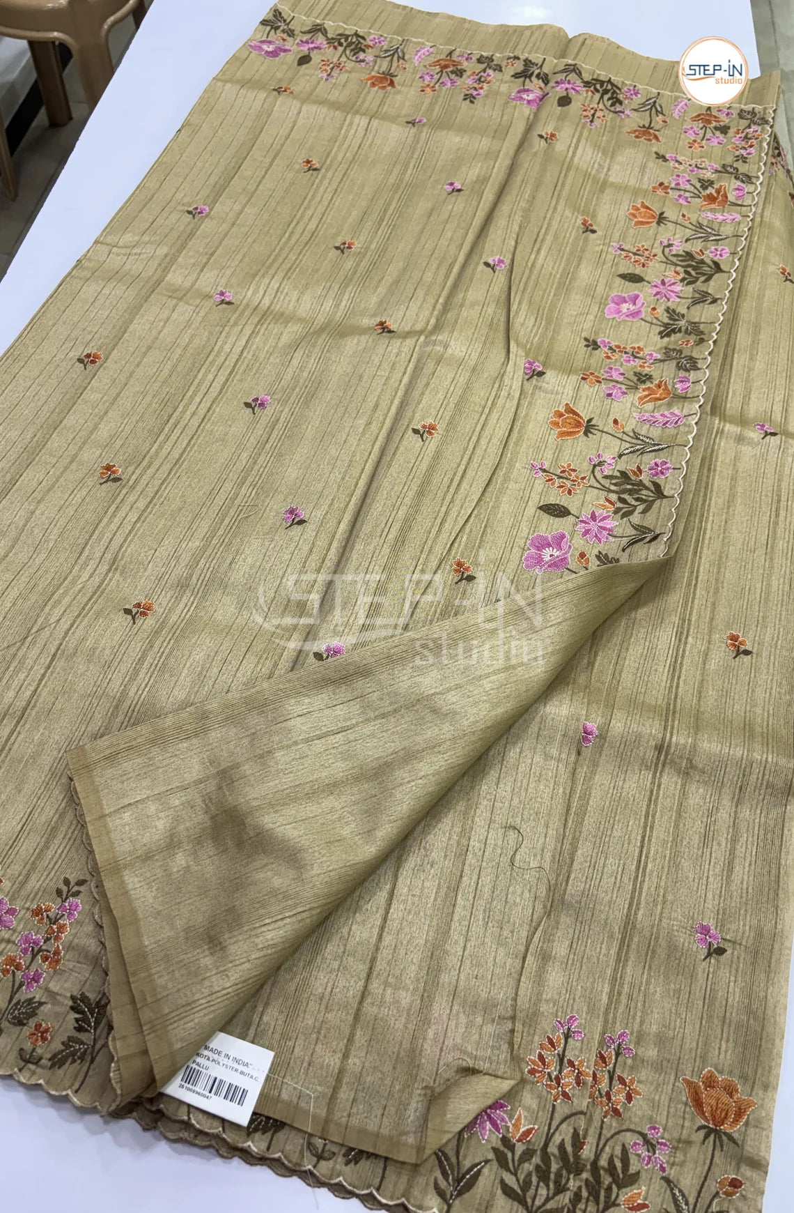 Art Tussar Saree with Embroidery - Beige