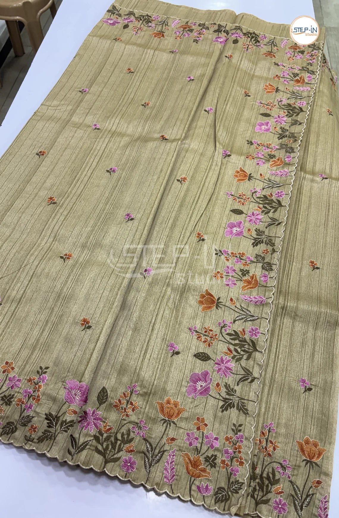 Art Tussar Saree with Embroidery - Beige