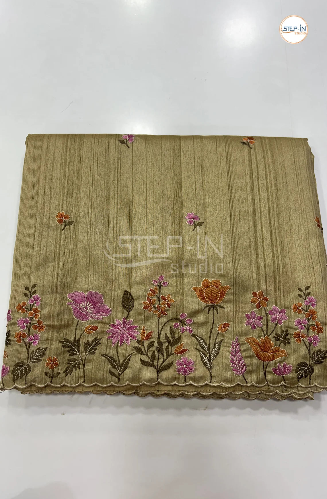Art Tussar Saree with Embroidery - Beige