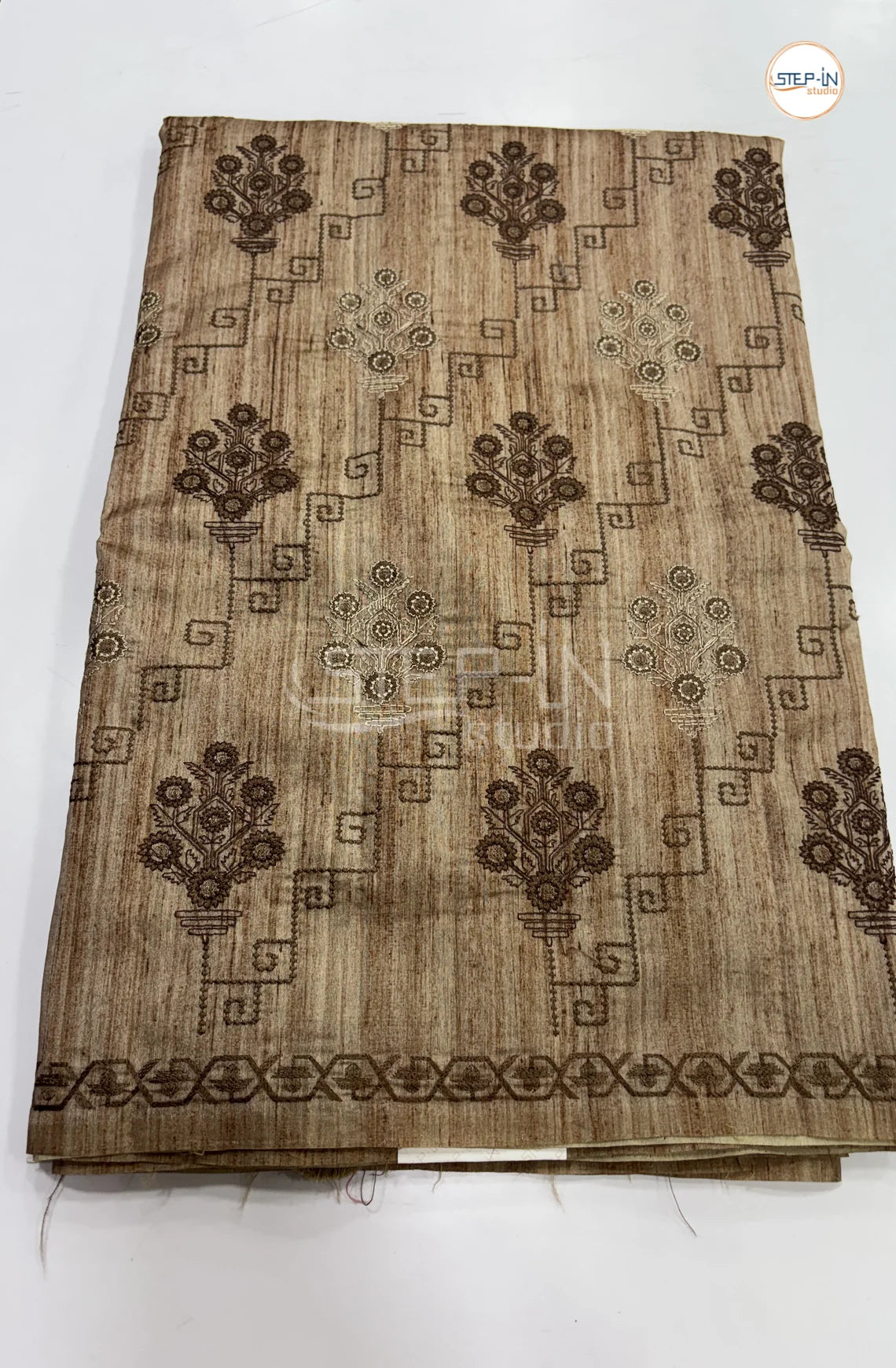 Art Tussar Saree with Embroidery - Brown