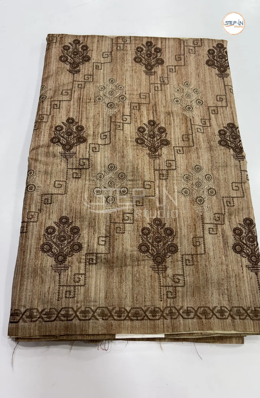 Art Tussar Saree with Embroidery - Brown