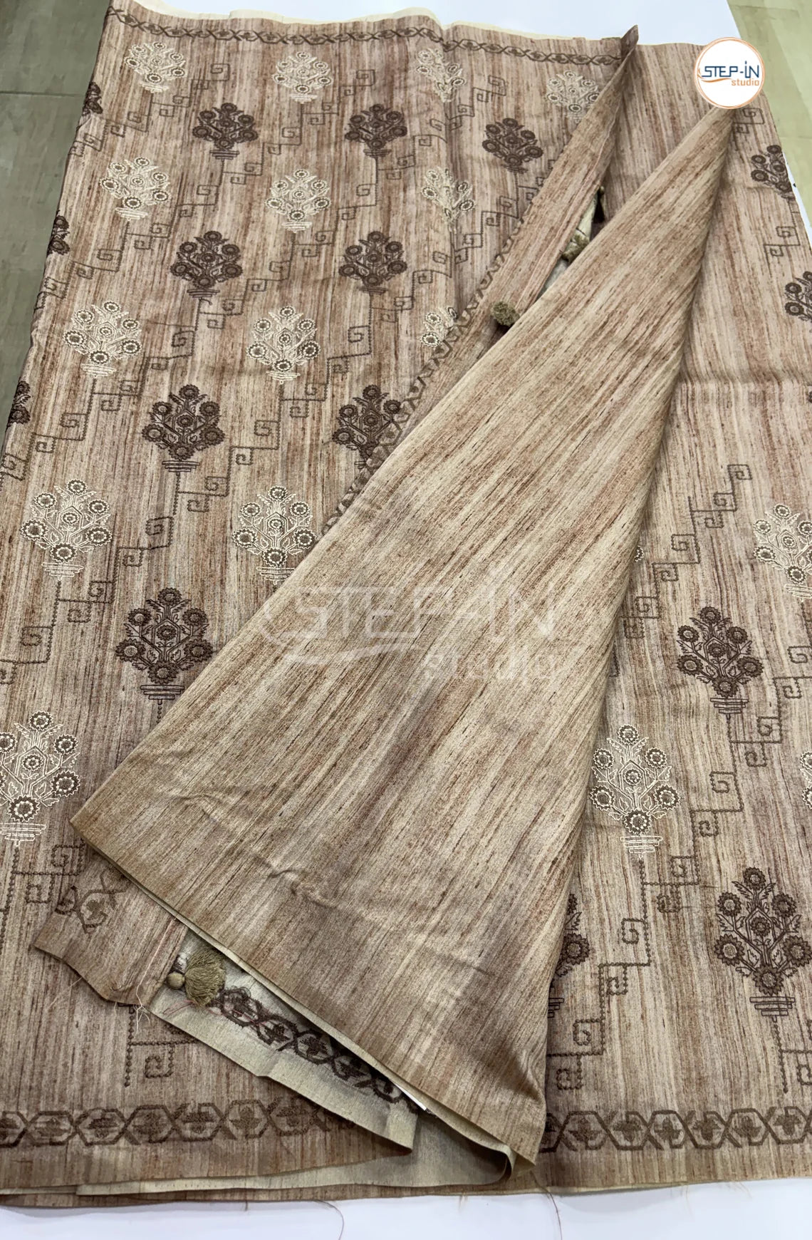 Art Tussar Saree with Embroidery - Brown