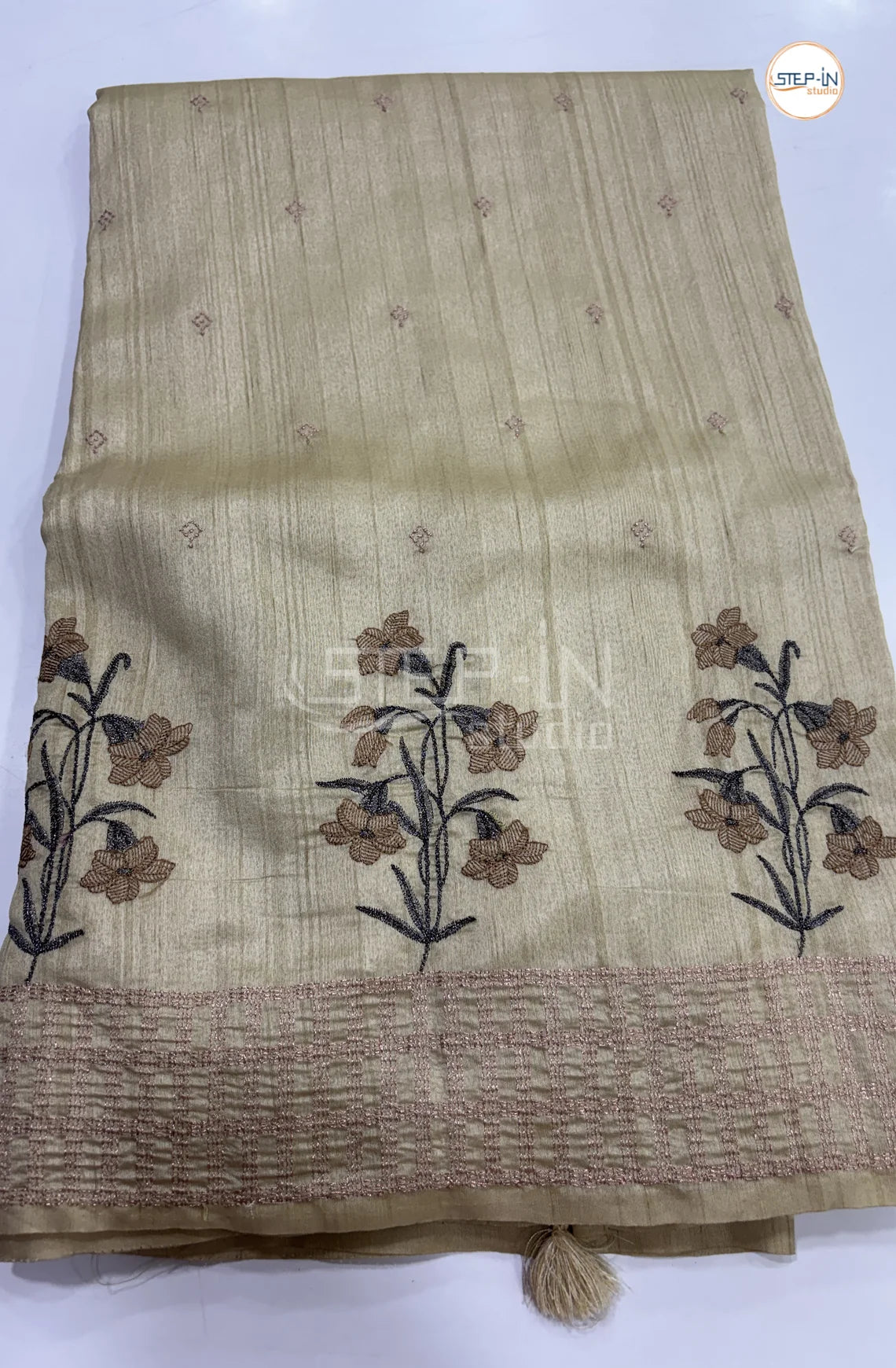Art Tussar Saree with Embroidery - Cream