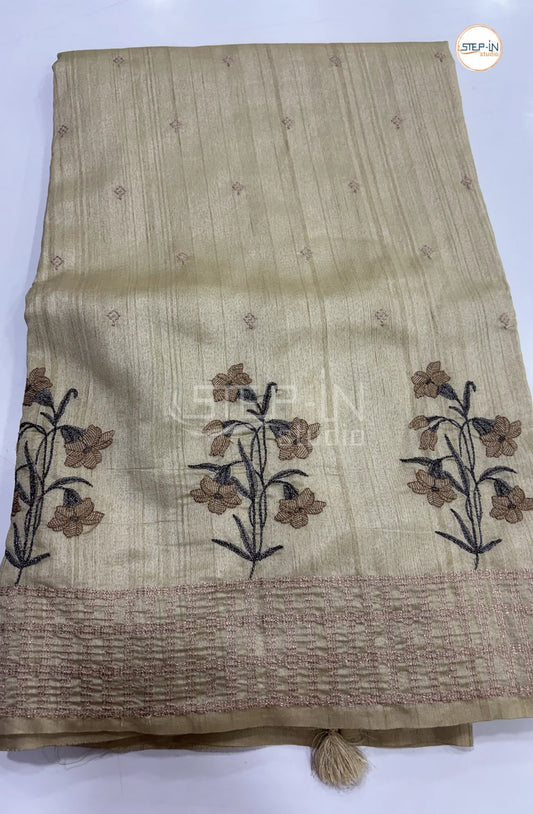 Art Tussar Saree with Embroidery - Cream