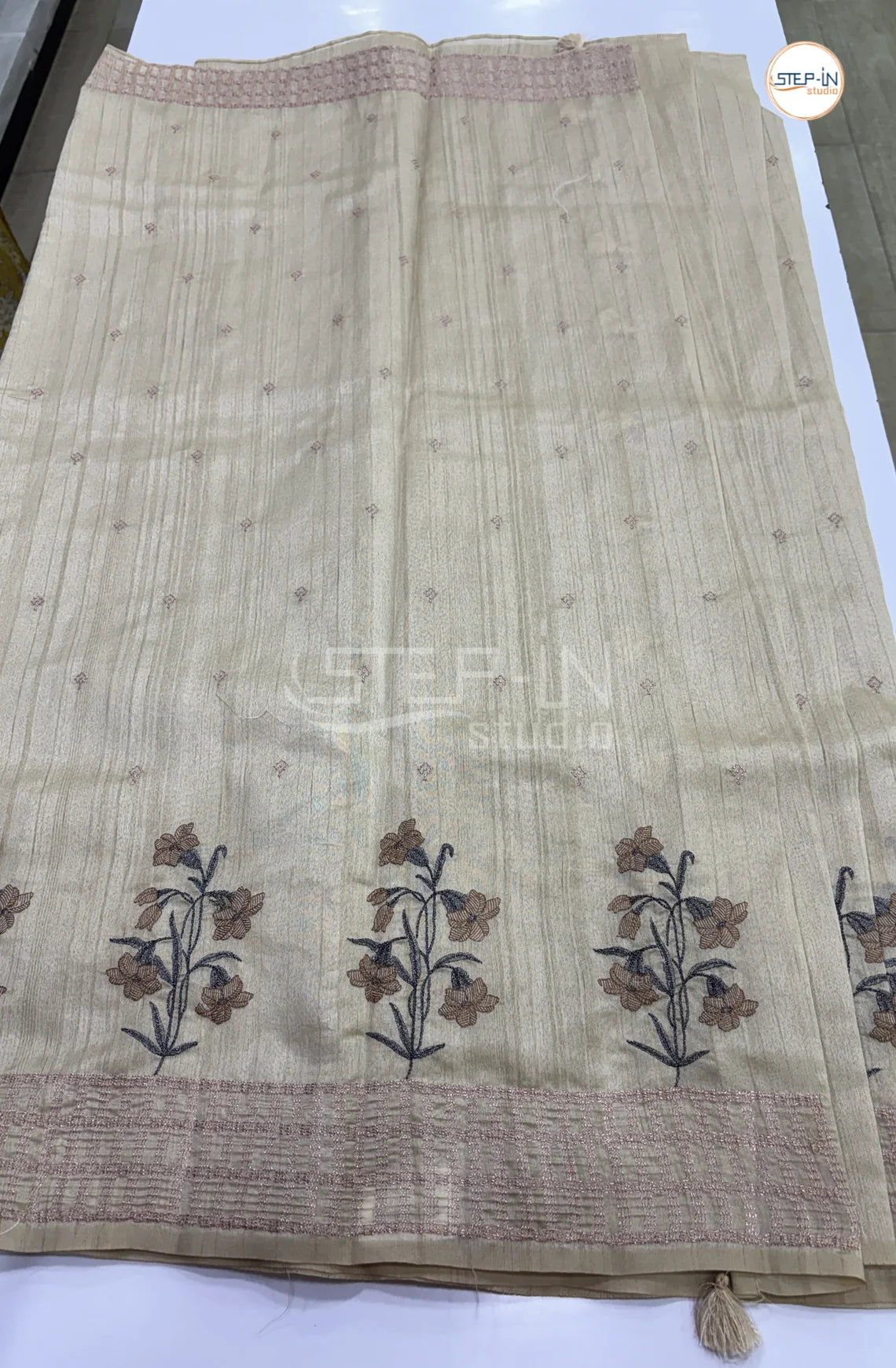 Art Tussar Saree with Embroidery - Cream