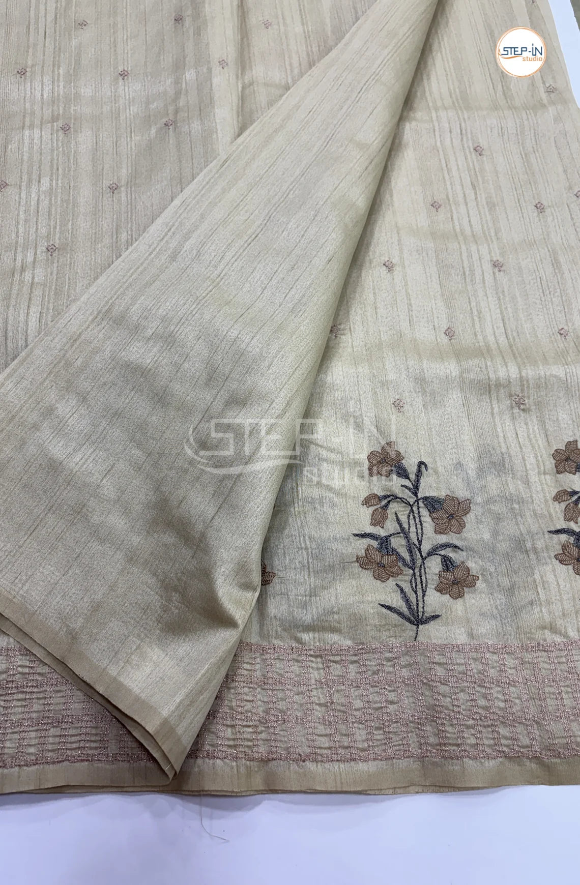 Art Tussar Saree with Embroidery - Cream
