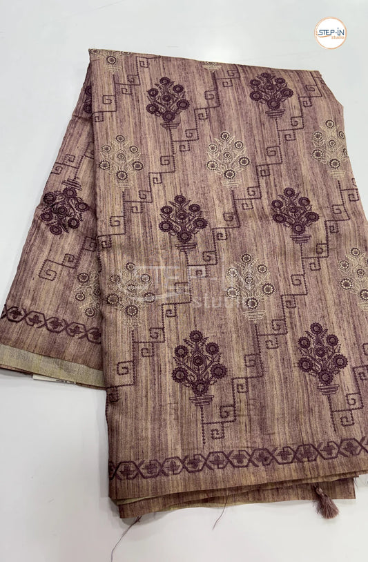 Art Tussar Saree with Embroidery - Maroon