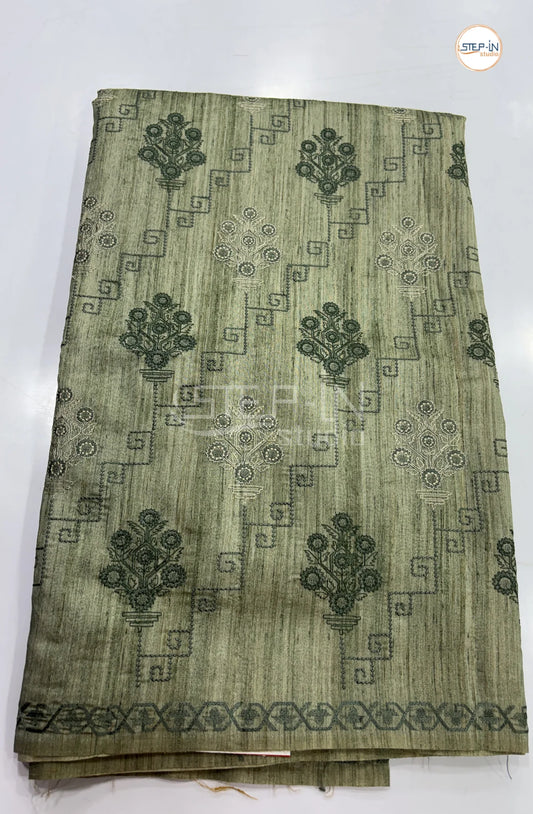 Art Tussar Saree with Embroidery - Olive Green
