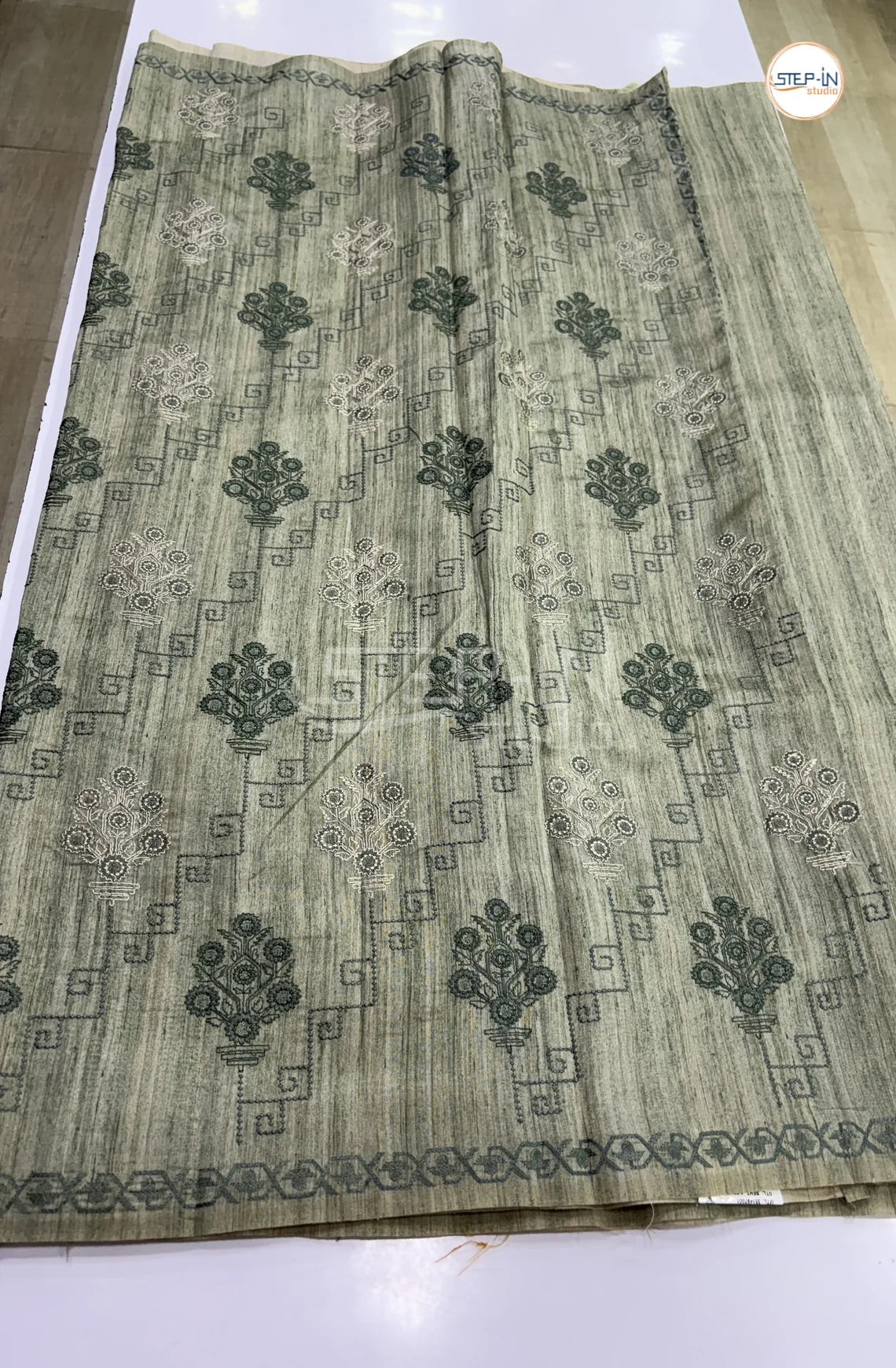 Art Tussar Saree with Embroidery - Olive Green