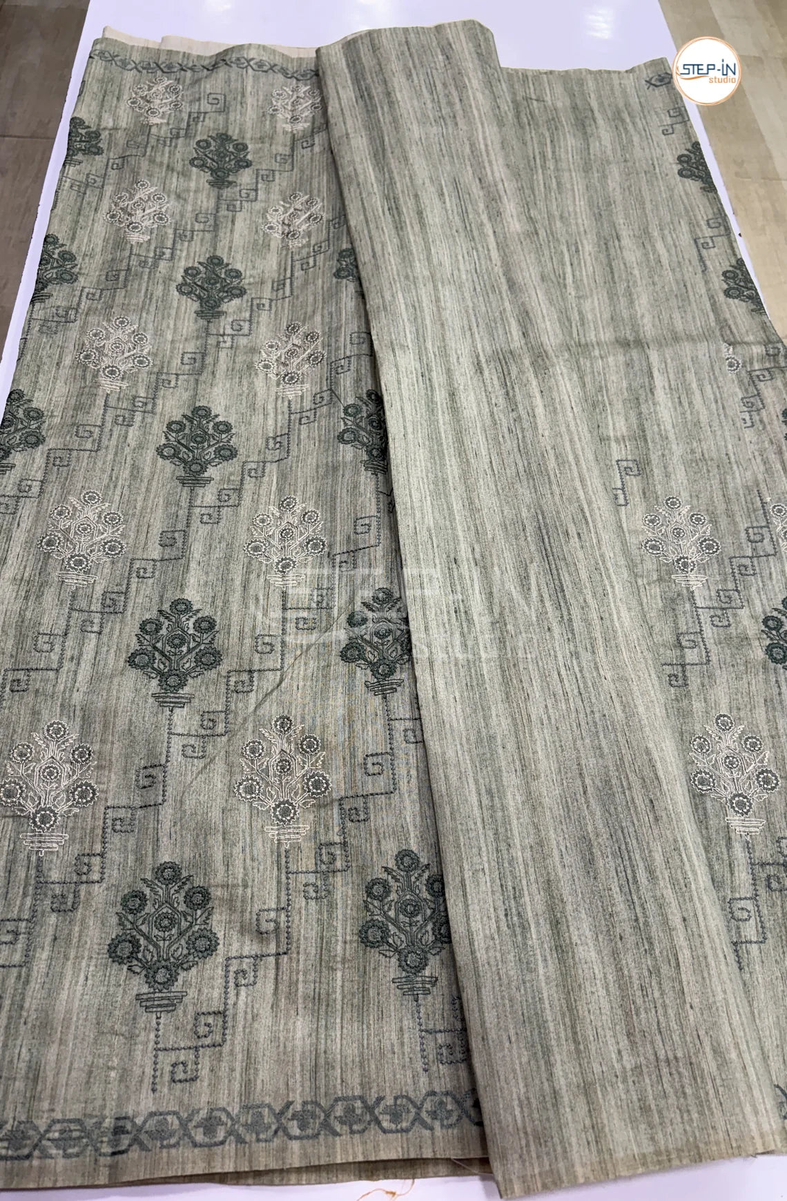 Art Tussar Saree with Embroidery - Olive Green