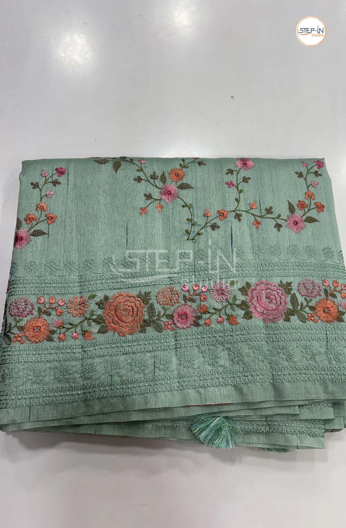 Art Tussar Saree with Embroidery - Sea Blue