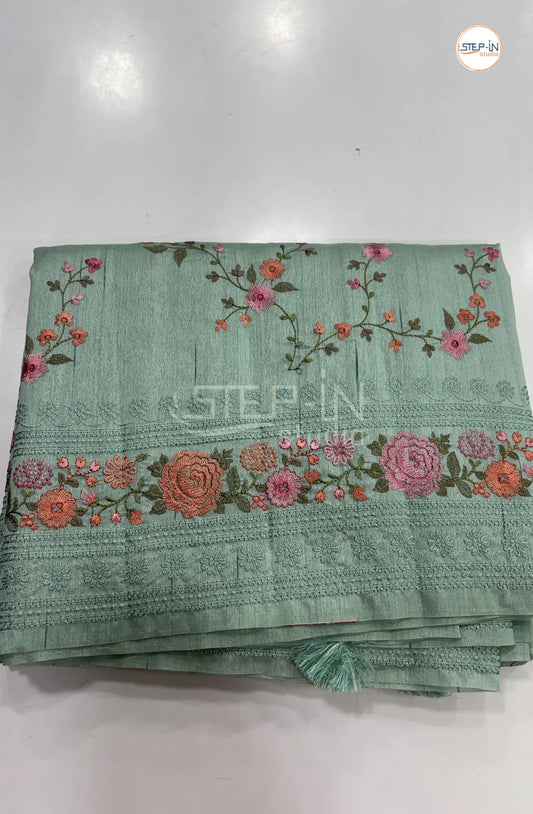 Art Tussar Saree with Embroidery - Sea Blue