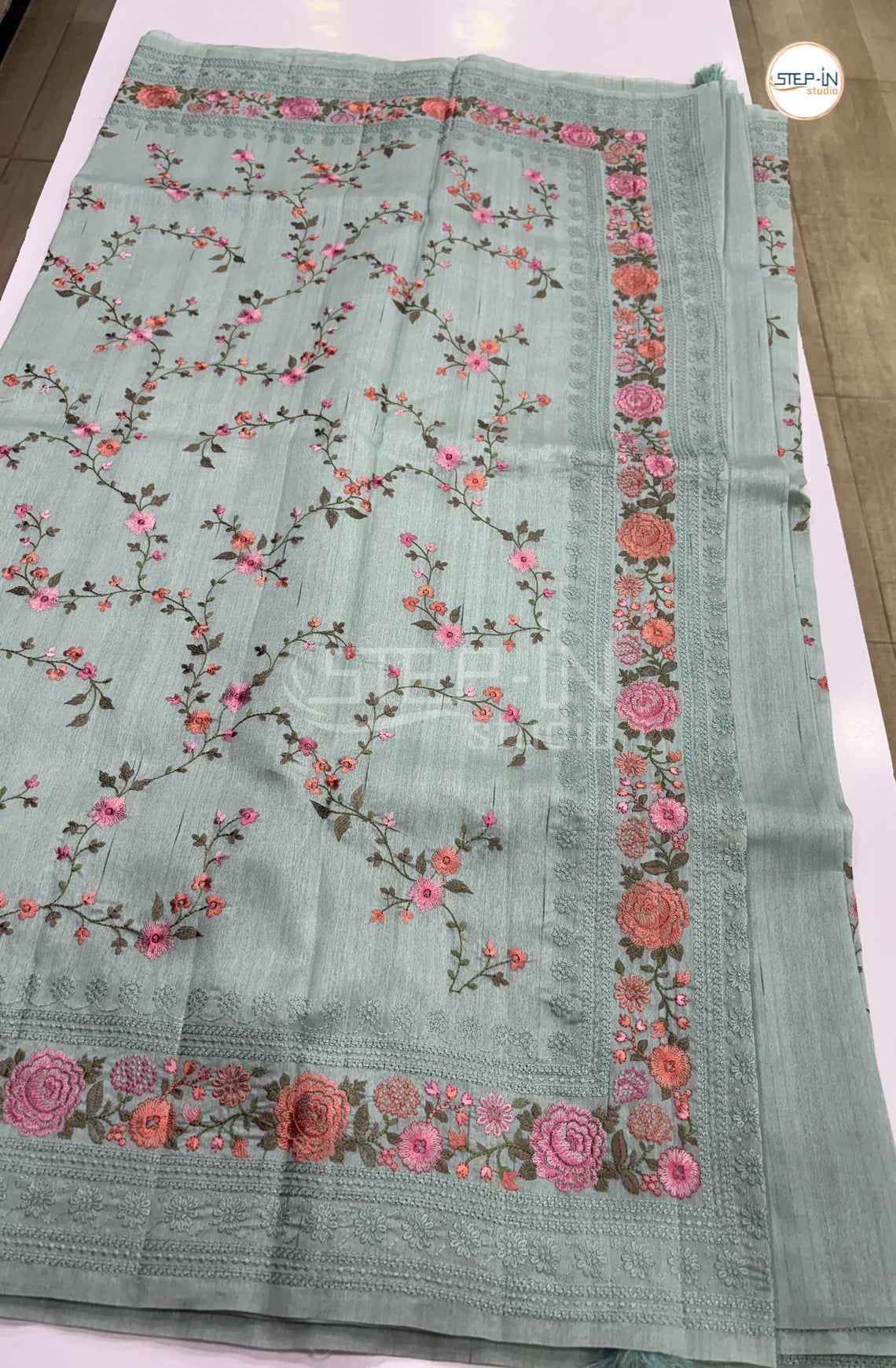 Art Tussar Saree with Embroidery - Sea Blue