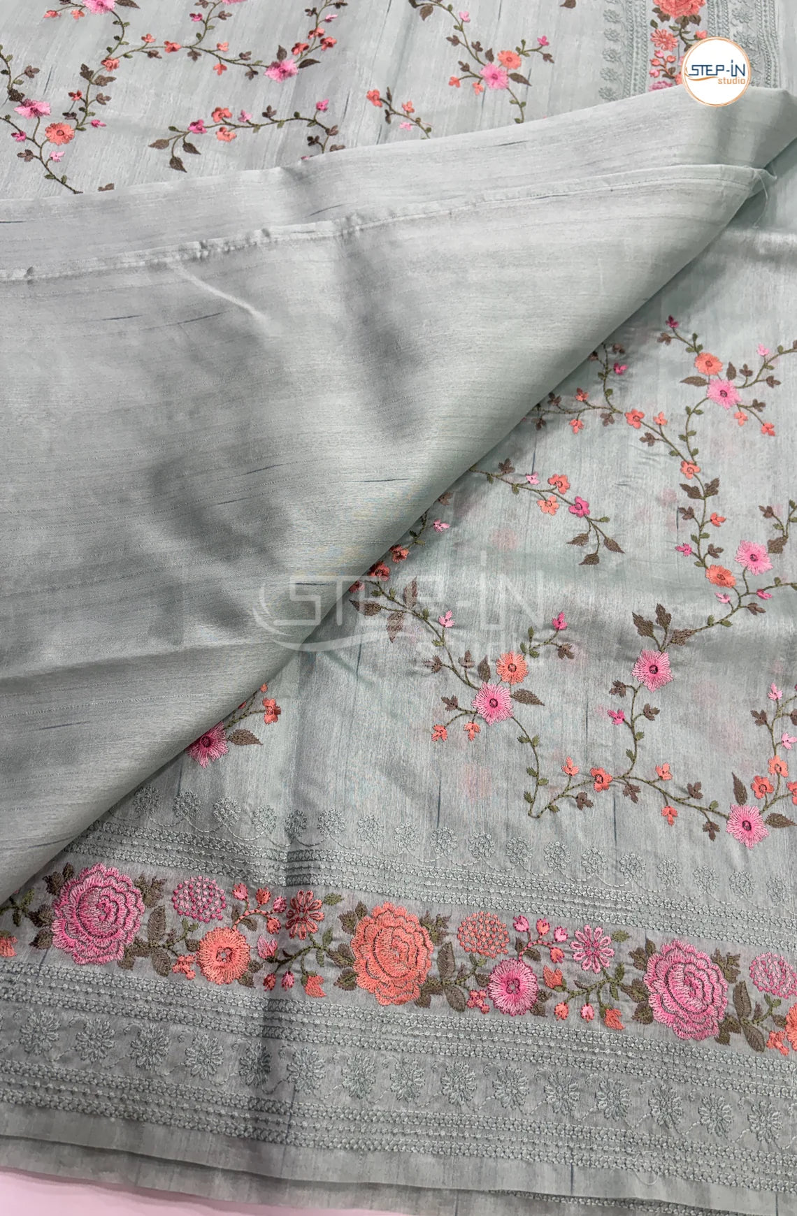 Art Tussar Saree with Embroidery - Sea Blue