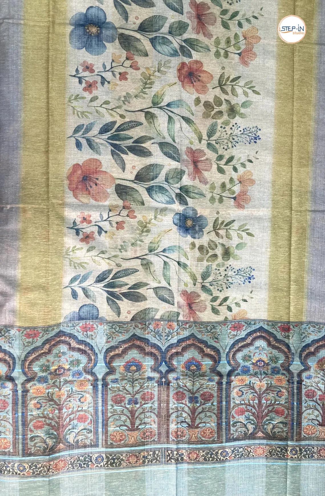 Baswada Linen Abstract Leaf Printed Saree - Mint Green
