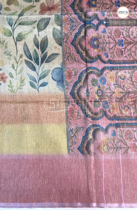 Baswada Linen Abstract Leaf Printed Saree - Pink
