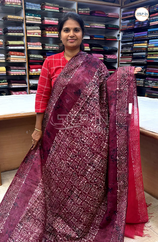 Batik Printed Banswara Cotton Saree - Maroon & Pink