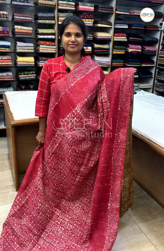 Batik Printed Banswara Cotton Saree - Pink & Cinnamon Brown