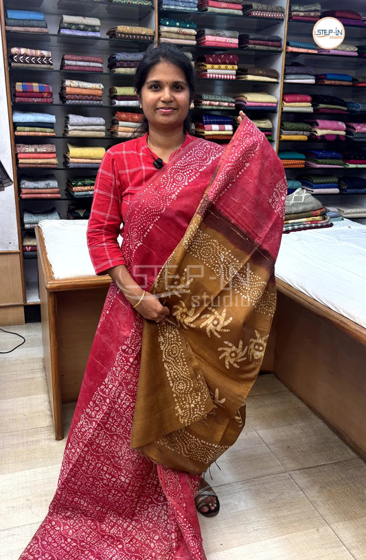 Batik Printed Banswara Cotton Saree - Pink & Cinnamon Brown