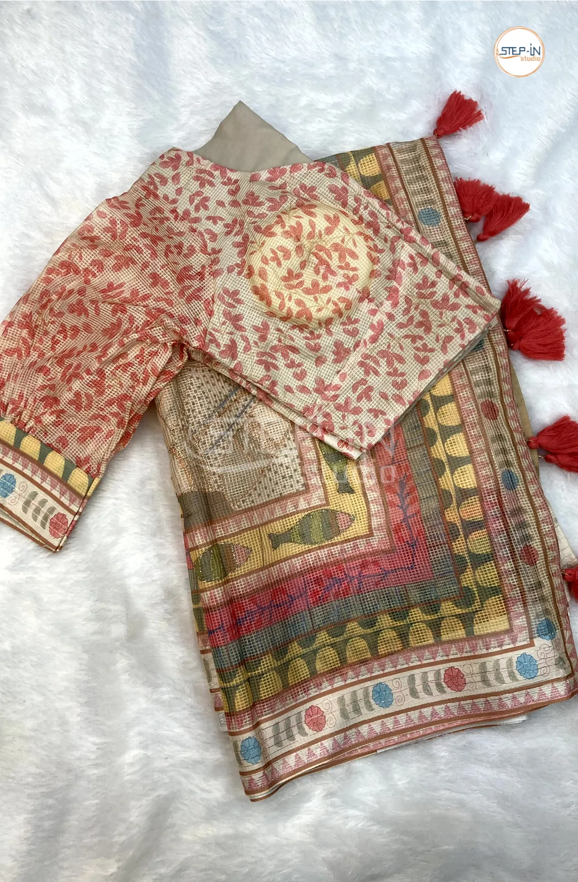 Begie Kota Hand Block Work Saree With Running Pallu and Border & Contrast Printed Readymade Blouse