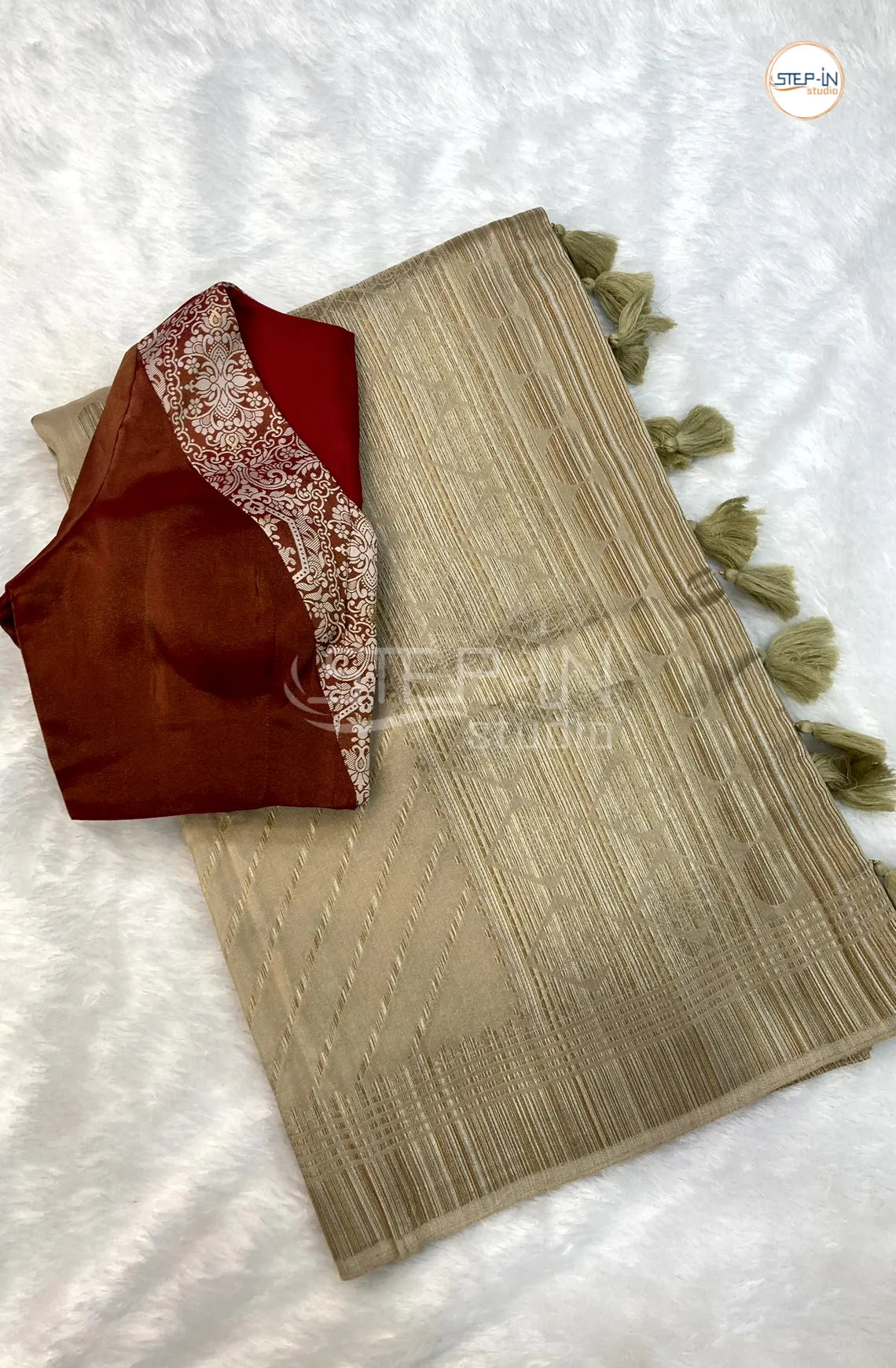 Beige Gold Striped Printed Tussar Saree With Printed Running Pallu and Border & Contrast V Neck Readymade Blouse