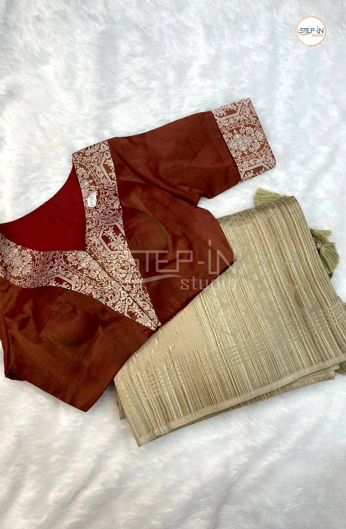 Beige Gold Striped Printed Tussar Saree With Printed Running Pallu and Border & Contrast V Neck Readymade Blouse
