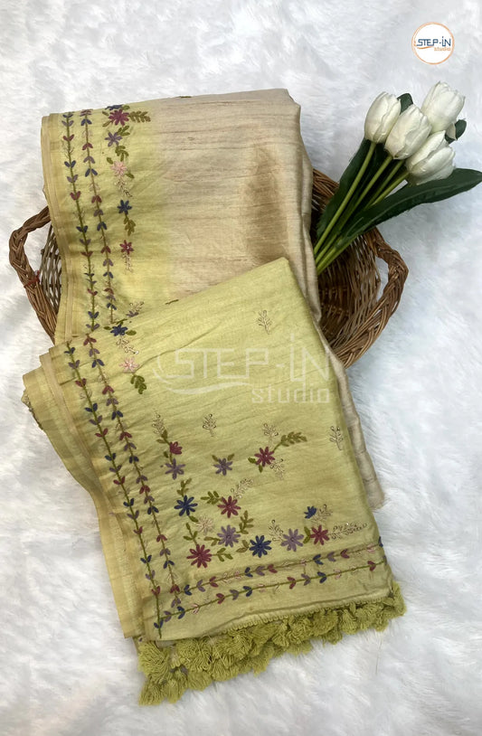 Beige & Lime Green Tussar Saree With Hand Embroiderd Pallu and Border & Contrast Blouse