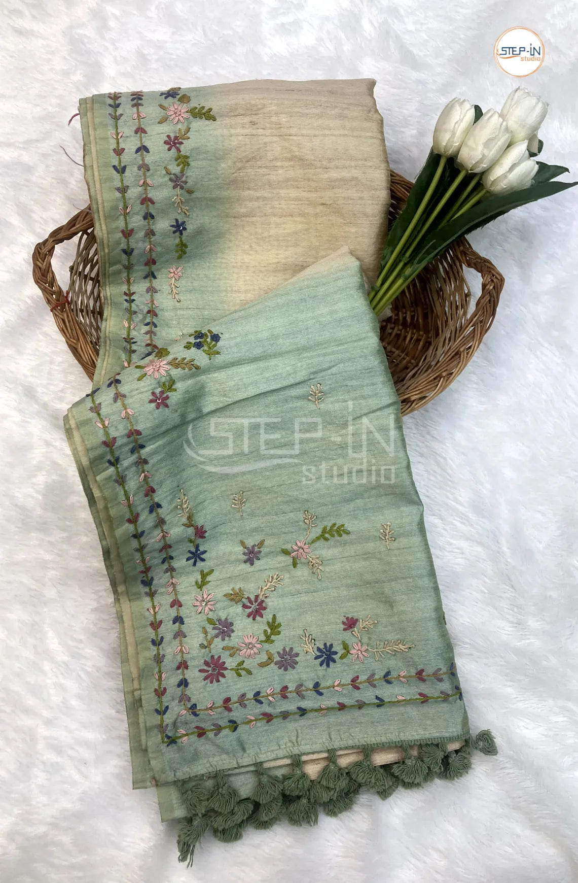 Beige & Mint Blue Tussar Saree With Hand Embroiderd Pallu and Border & Contrast Blouse