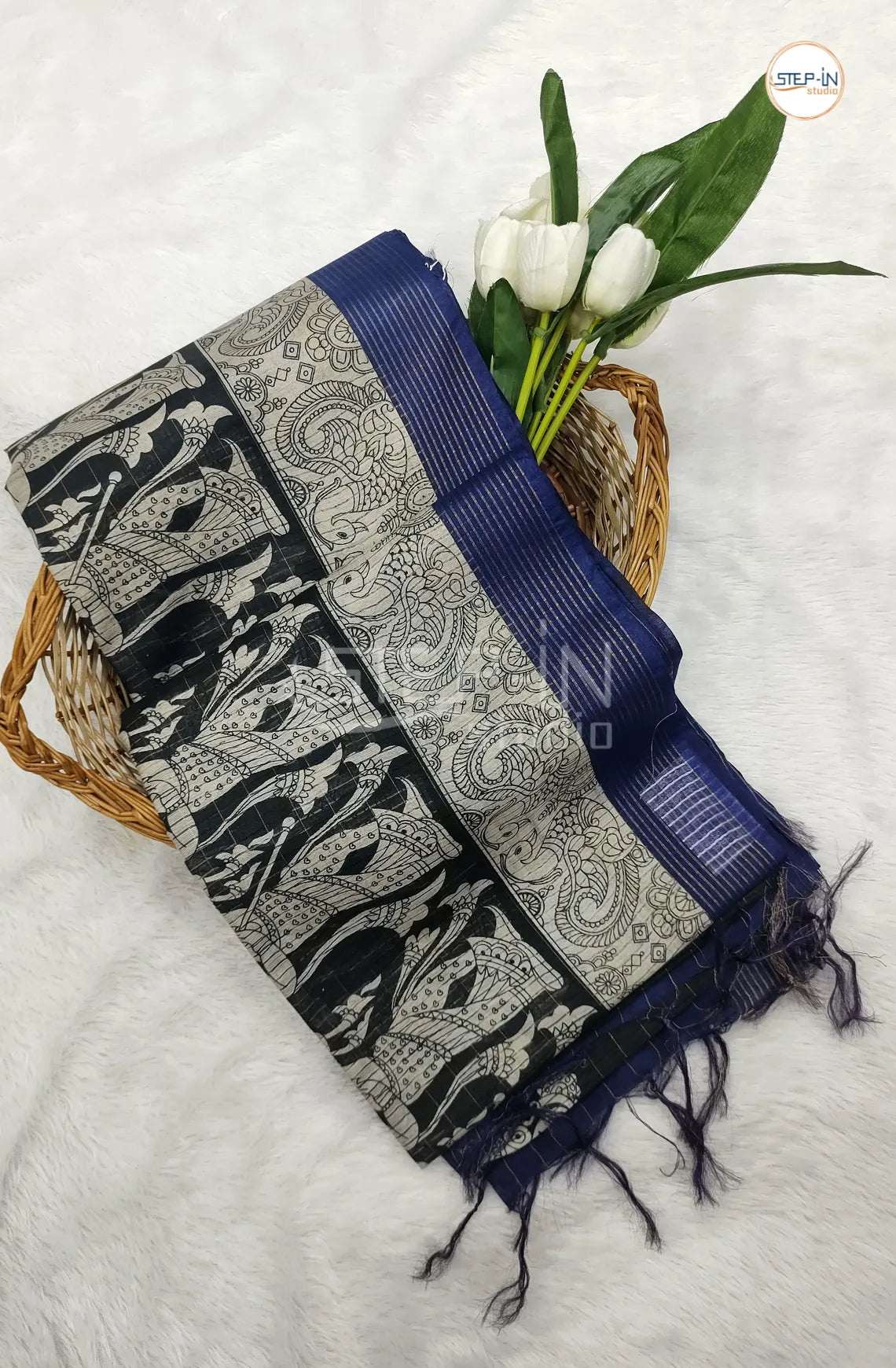 Bhagalpuri Linen Saree With Contrast Pallu and Blouse - Black & Blue