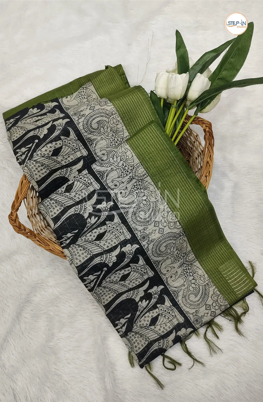 Bhagalpuri Linen Saree With Contrast Pallu and Blouse - Black & Green