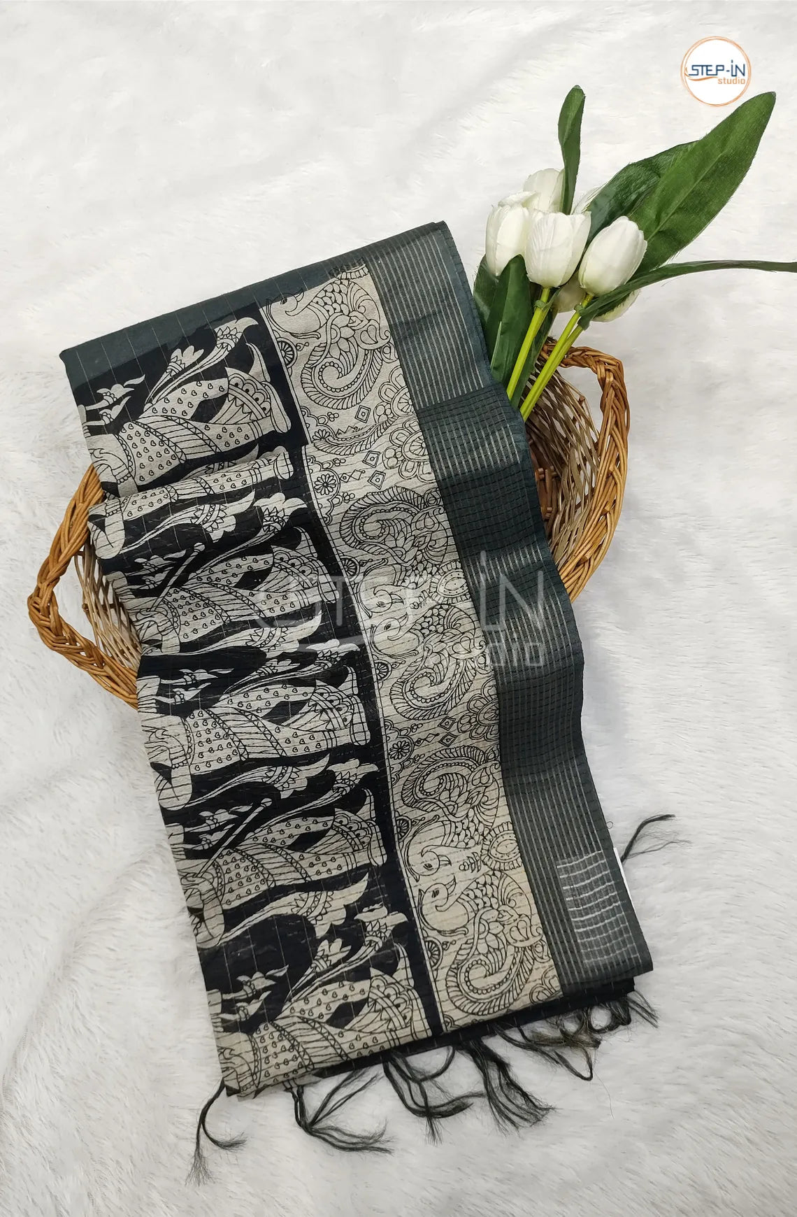 Bhagalpuri Linen Saree With Contrast Pallu and Blouse - Black & Grey