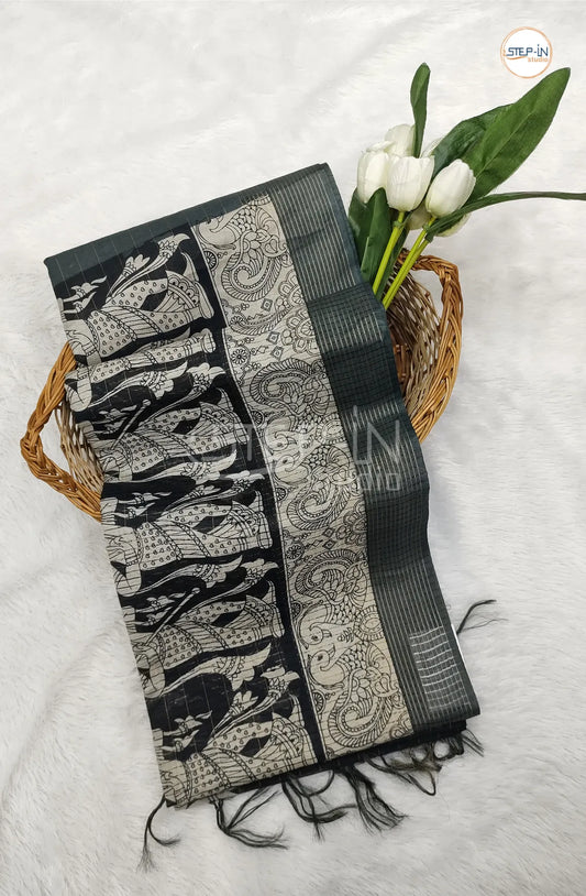 Bhagalpuri Linen Saree With Contrast Pallu and Blouse - Black & Grey