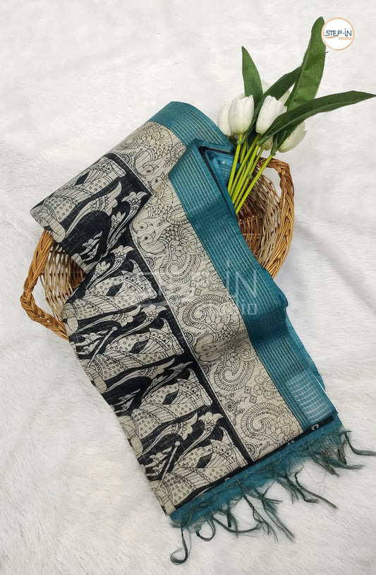 Bhagalpuri Linen Saree With Contrast Pallu and Blouse - Black & Sea Green