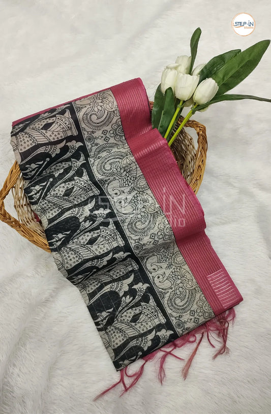 Bhagalpuri Linen Saree With Contrast Pallu and Blouse - Black & Pink