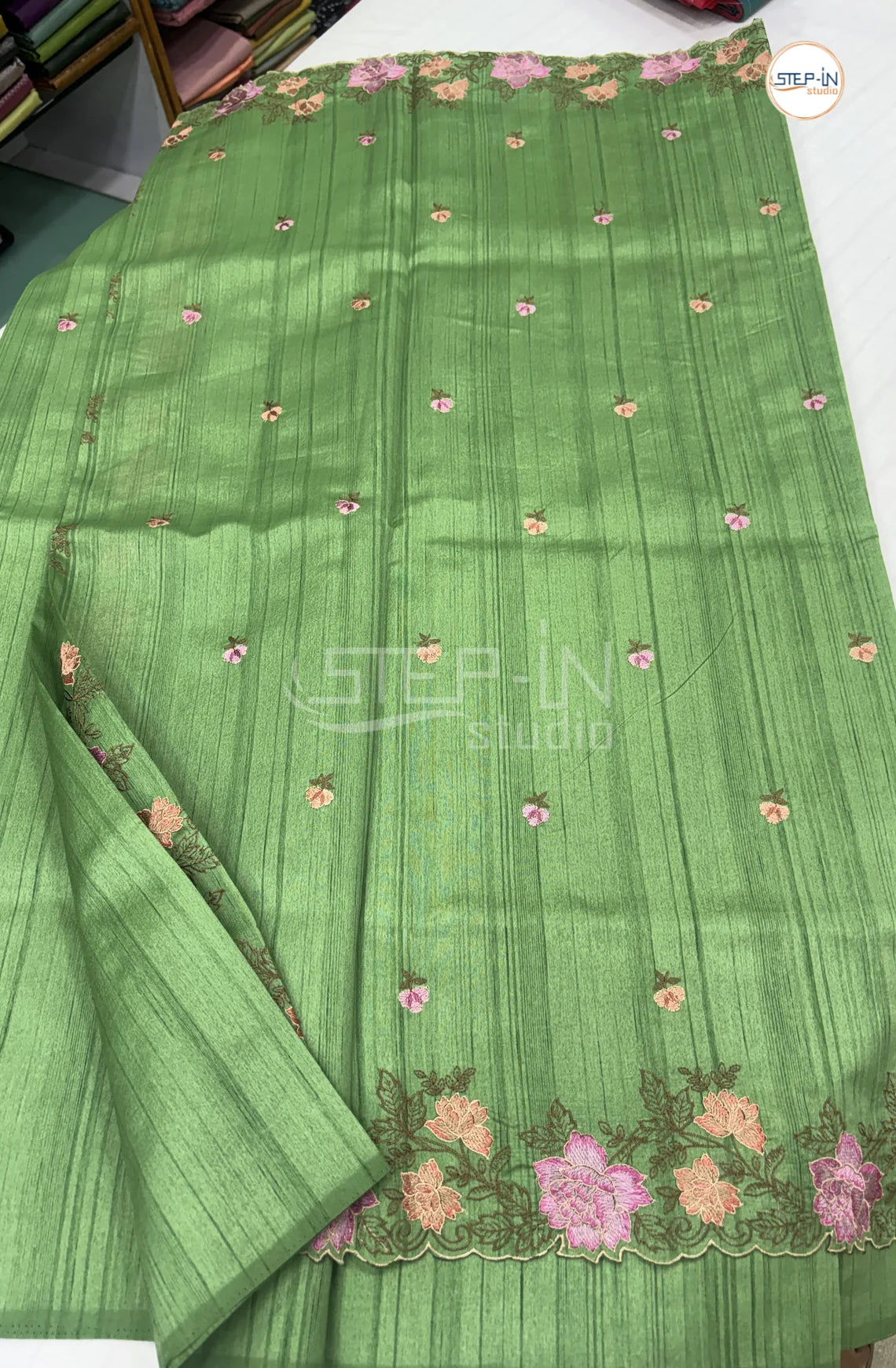Blended Tussar Saree with CutWork Border -Mint Green