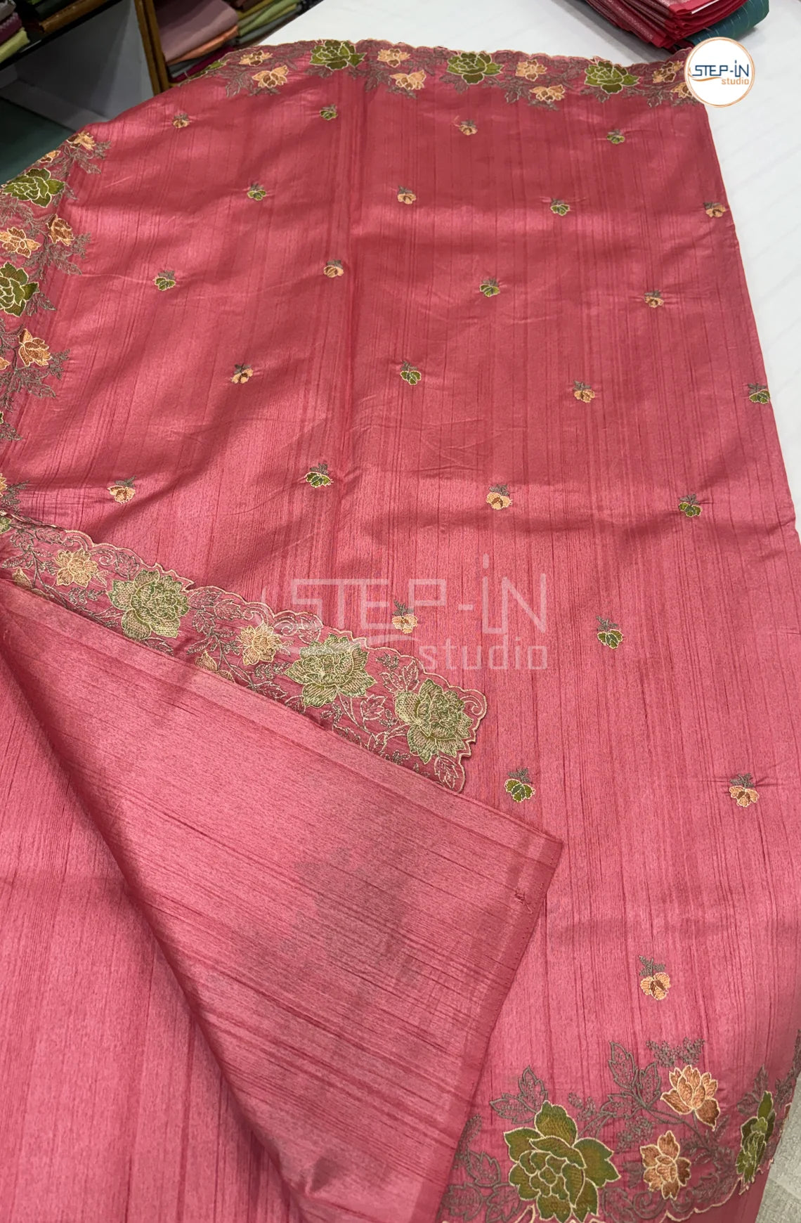 Blended Tussar Saree with CutWork Border -Rani Pink