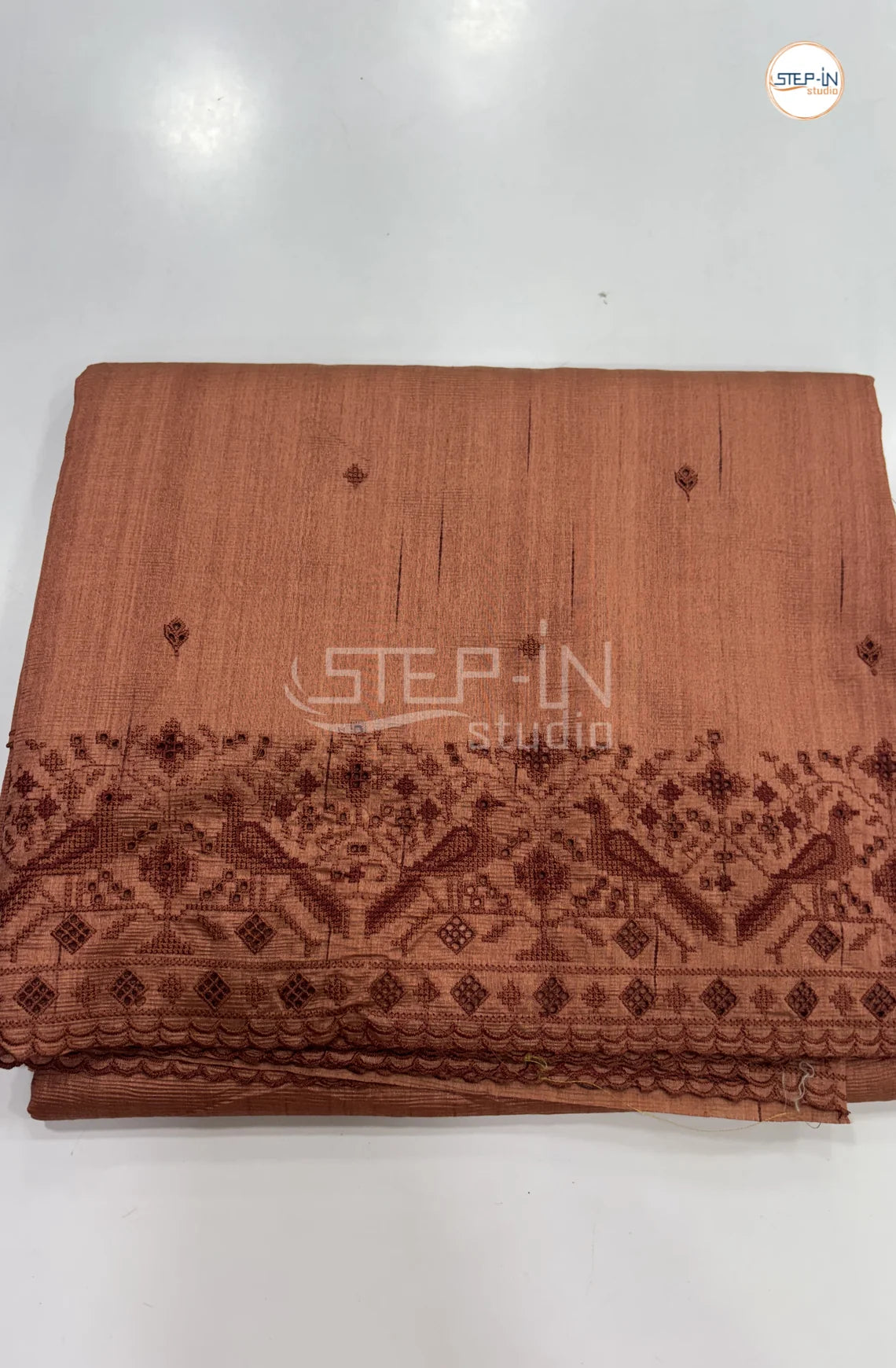 Blended Tussar Saree with Cutwork Border - Camel Brown