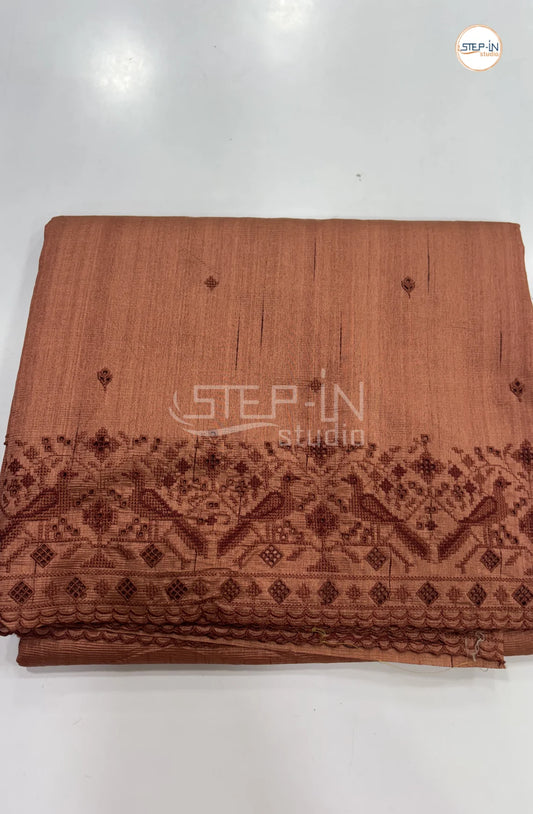 Blended Tussar Saree with Cutwork Border - Camel Brown