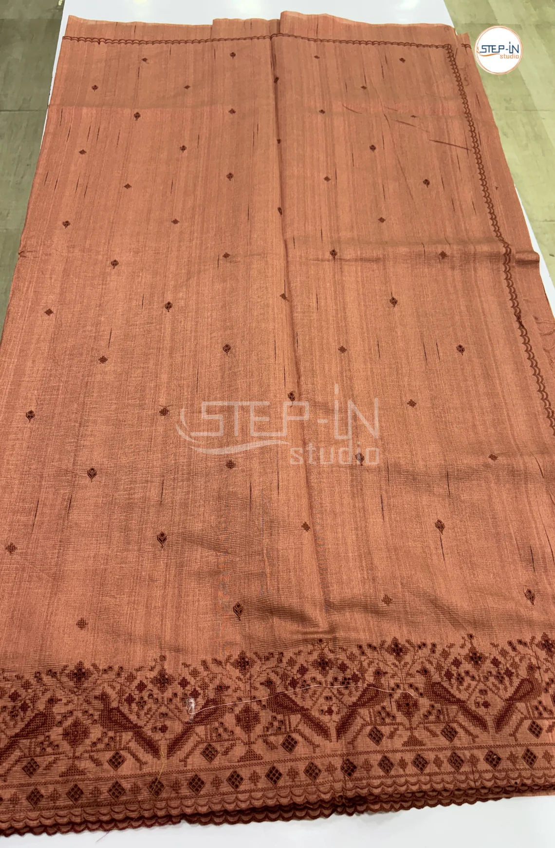 Blended Tussar Saree with Cutwork Border - Camel Brown