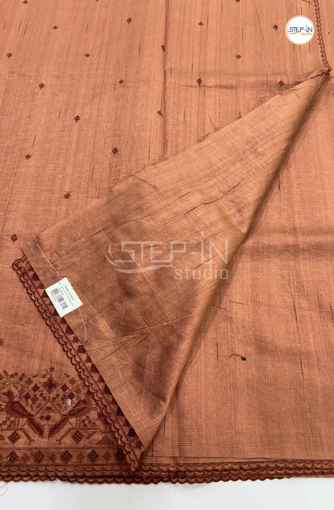 Blended Tussar Saree with Cutwork Border - Camel Brown