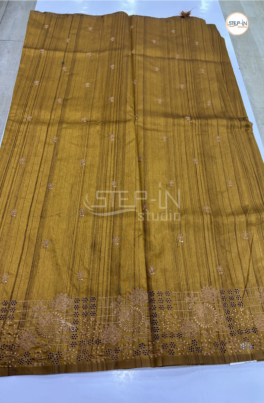 Blended Tussar Saree with Cutwork Border - Gold