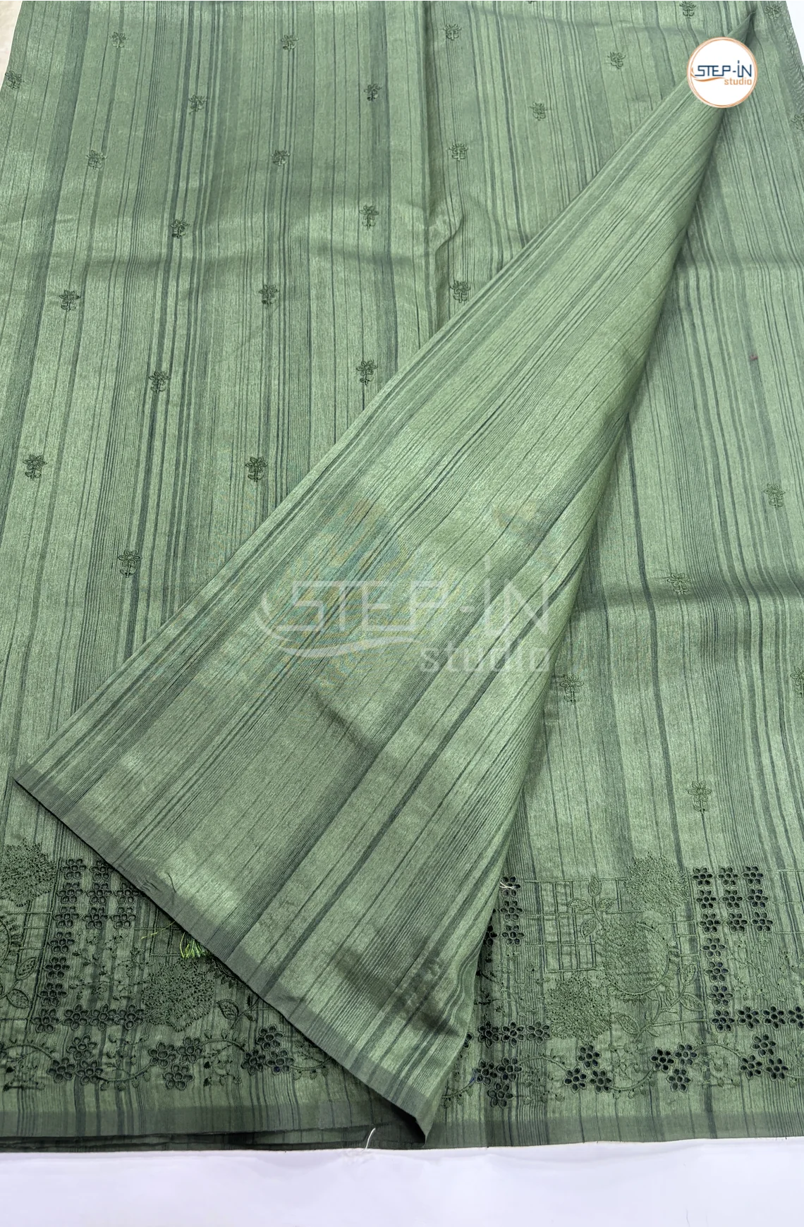 Blended Tussar Saree with Cutwork Border - Green