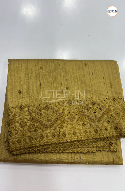 Blended Tussar Saree with Cutwork Border - Olive