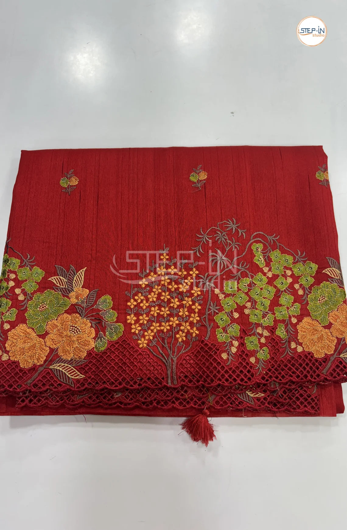 Blended Tussar Saree with Cutwork Border - Red