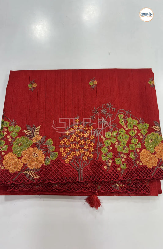 Blended Tussar Saree with Cutwork Border - Red